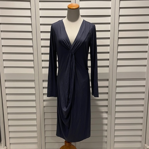 Ronen Chen Basix Dusty Slate Blue Dress with front detail and long sleeve - Picture 1 of 12